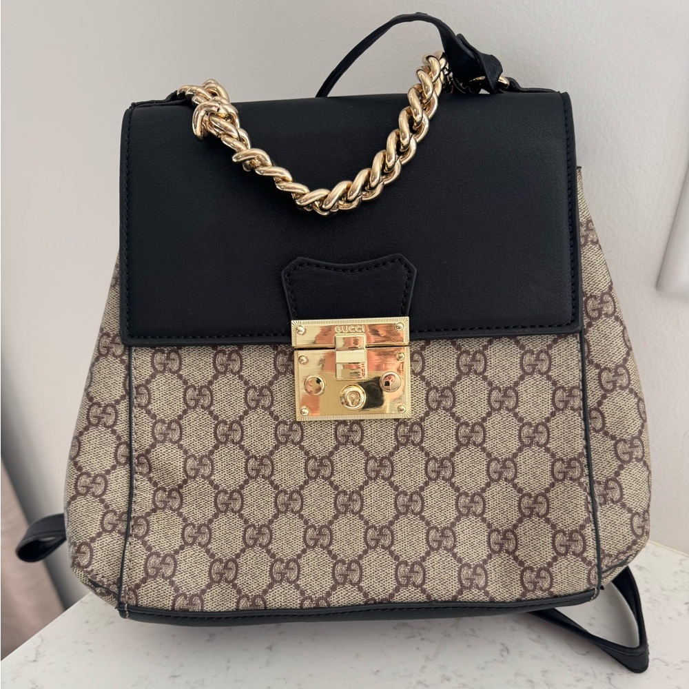 Inspired Black and Tan Backpack with Monogram Design